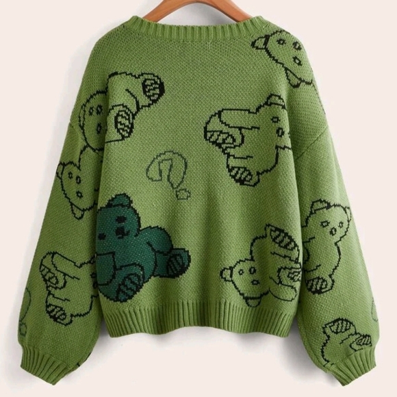 Cartoon Bear Pattern Drop Shoulder Sweater Blouse - Picture 2 of 5